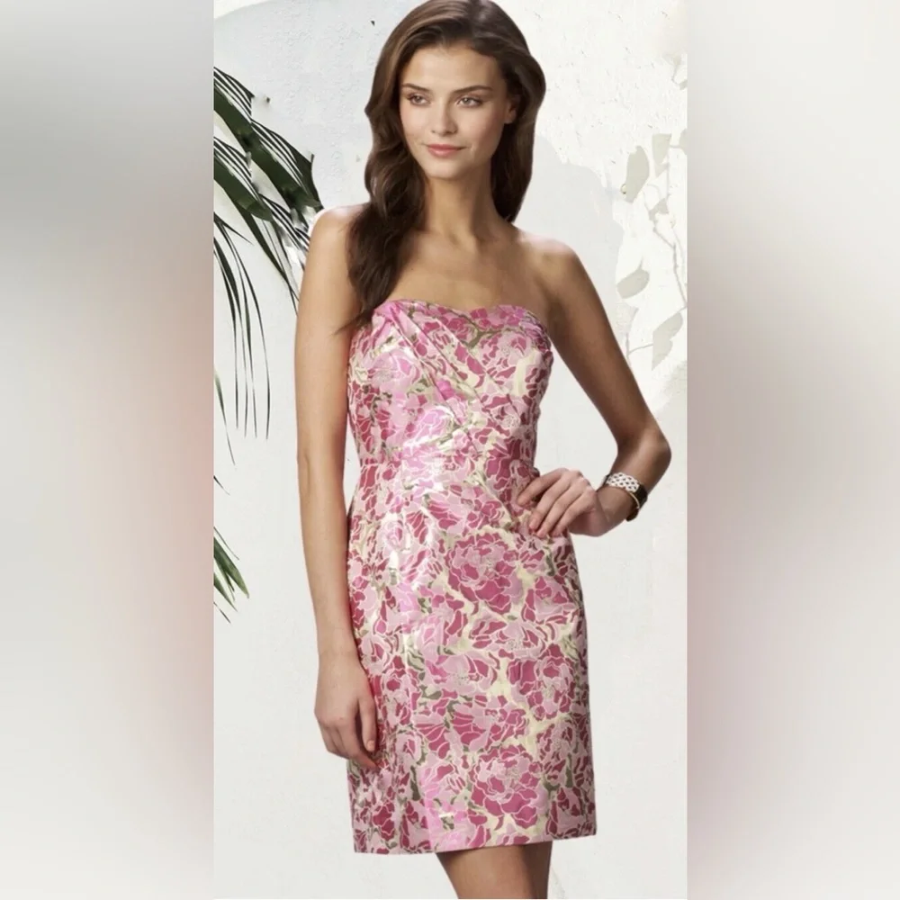 Lilly Pulitzer 🩷Raya Floral Metallic Gold Jacquard Pirates Bootyniere Dress - Picture 2 of 12